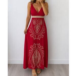 NWT Vintage Y2K Delirious🌿Red Embroidered Maxi Dress Women's Large Boho Stretch